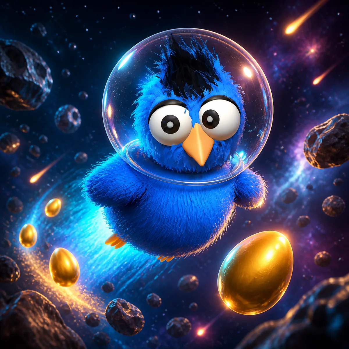 Galaxy Cock artwork with the current fluffy blue rooster flying through space