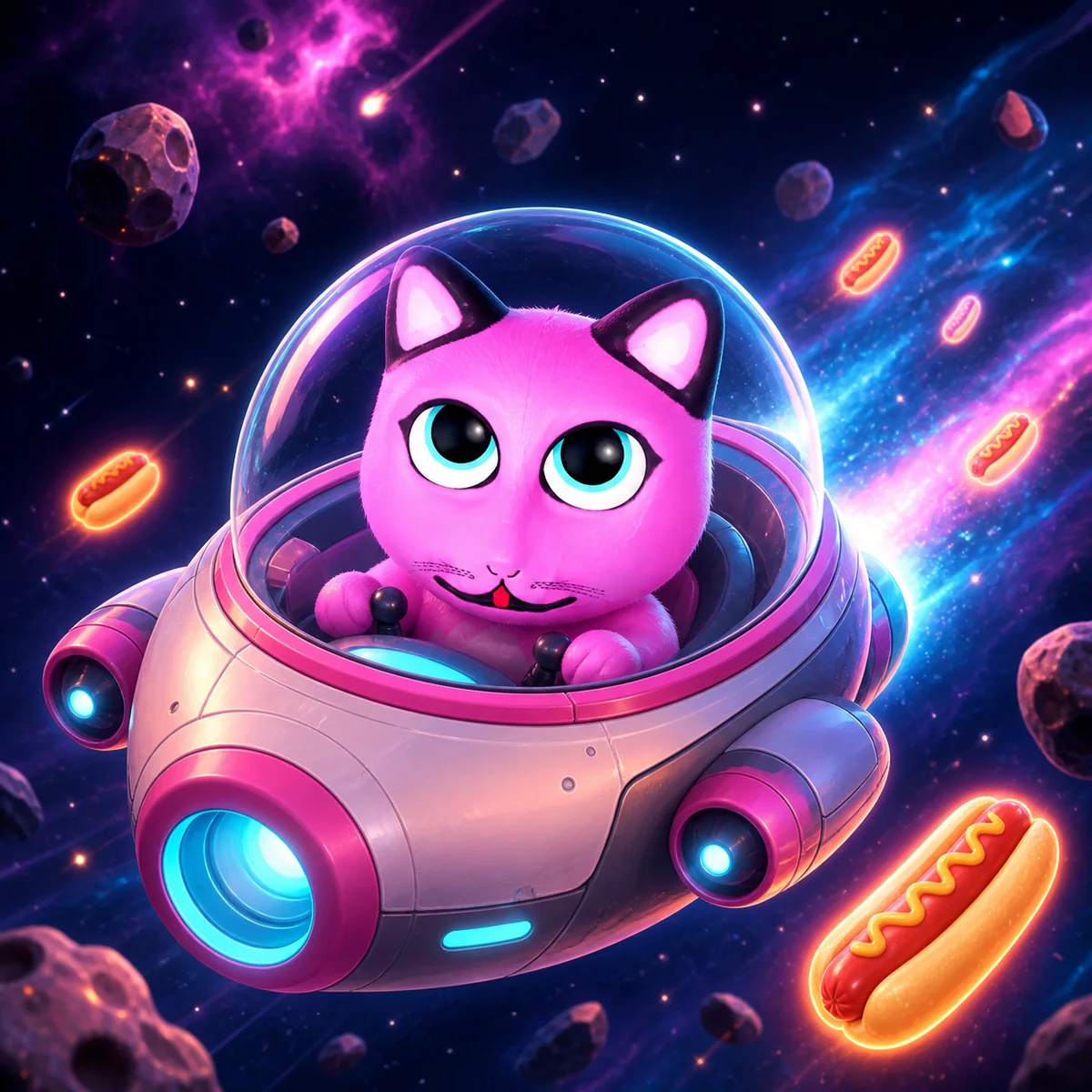 Galaxy Pussy artwork with a pink space cat flying through an asteroid field