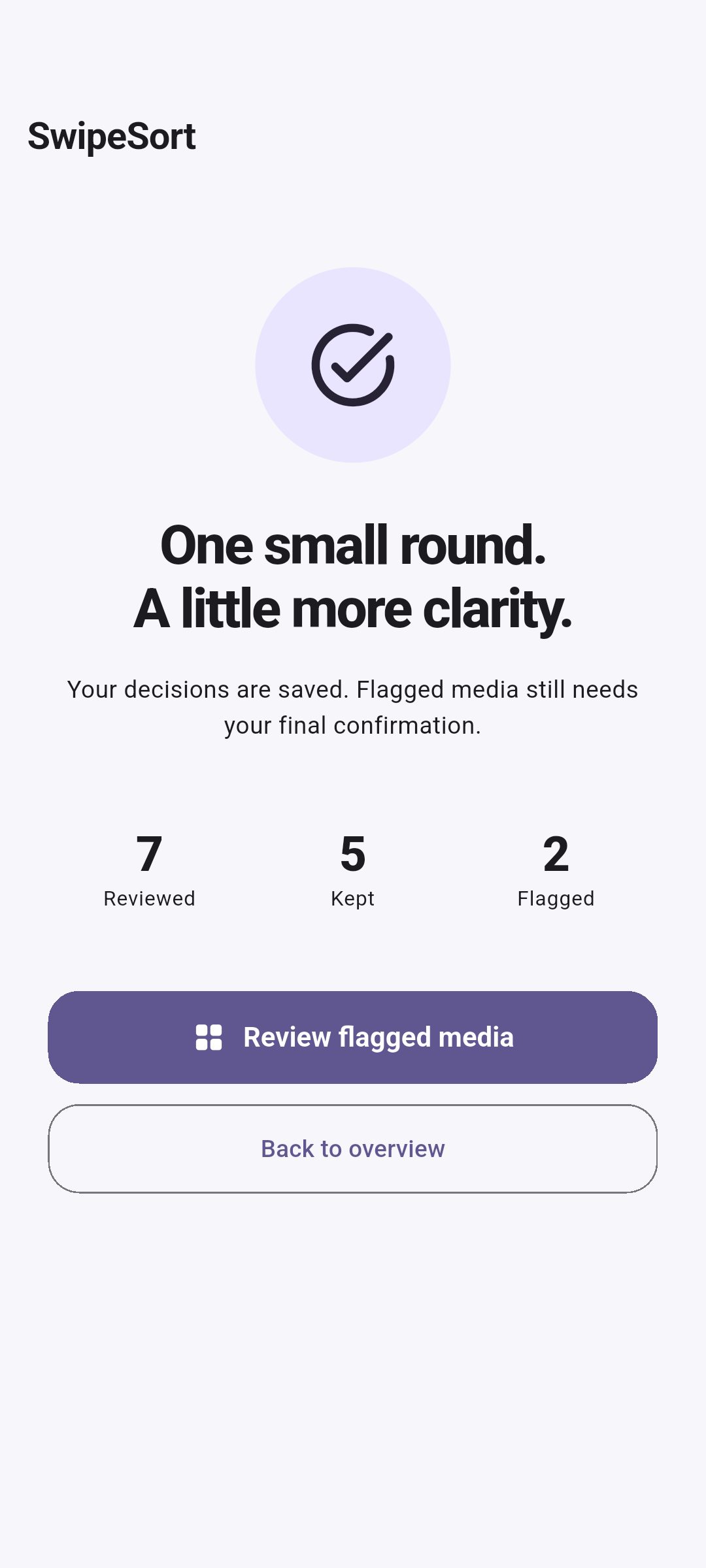 SwipeSort Android 1.1 round summary showing seven reviewed, five kept and two flagged items awaiting final confirmation