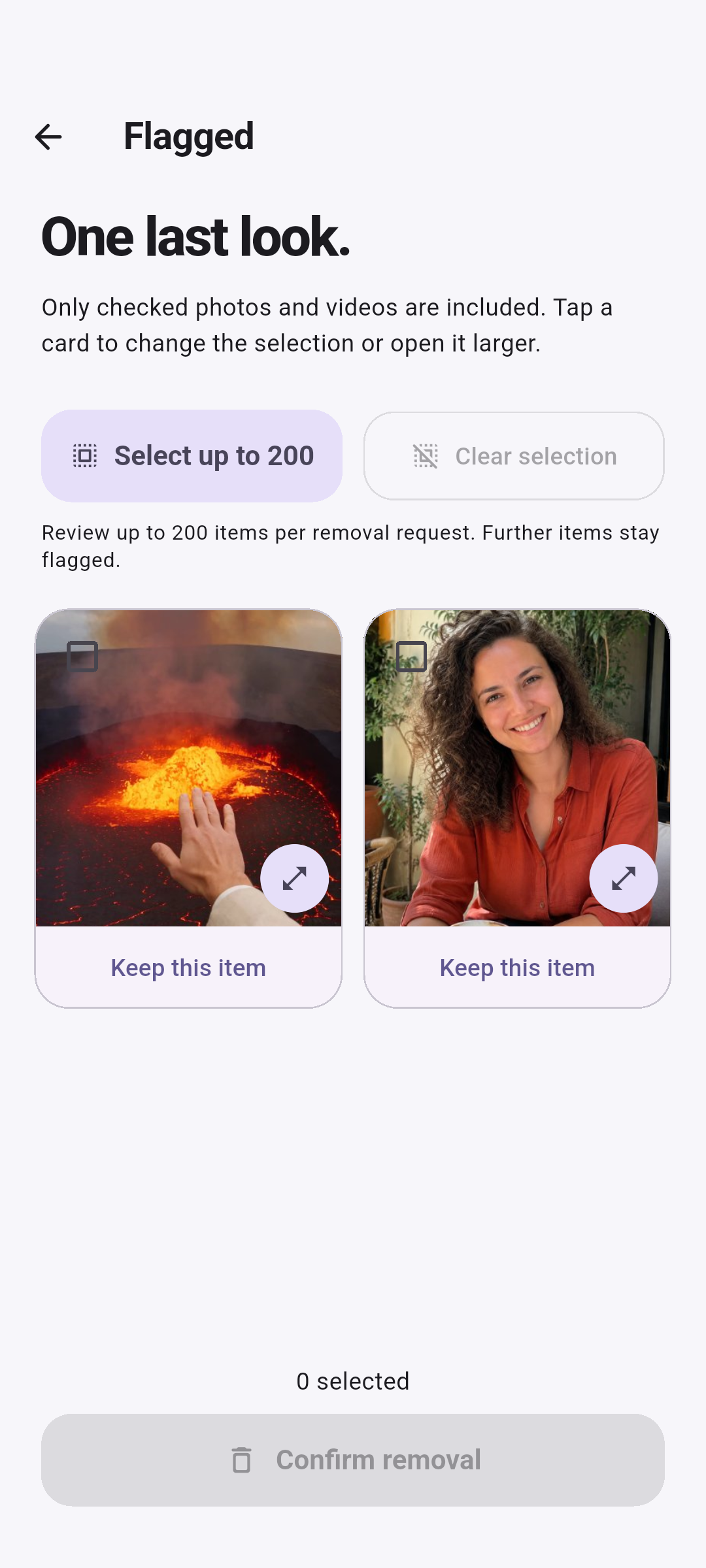 SwipeSort Android 1.1 final review showing a flagged video and photo with nothing selected for removal
