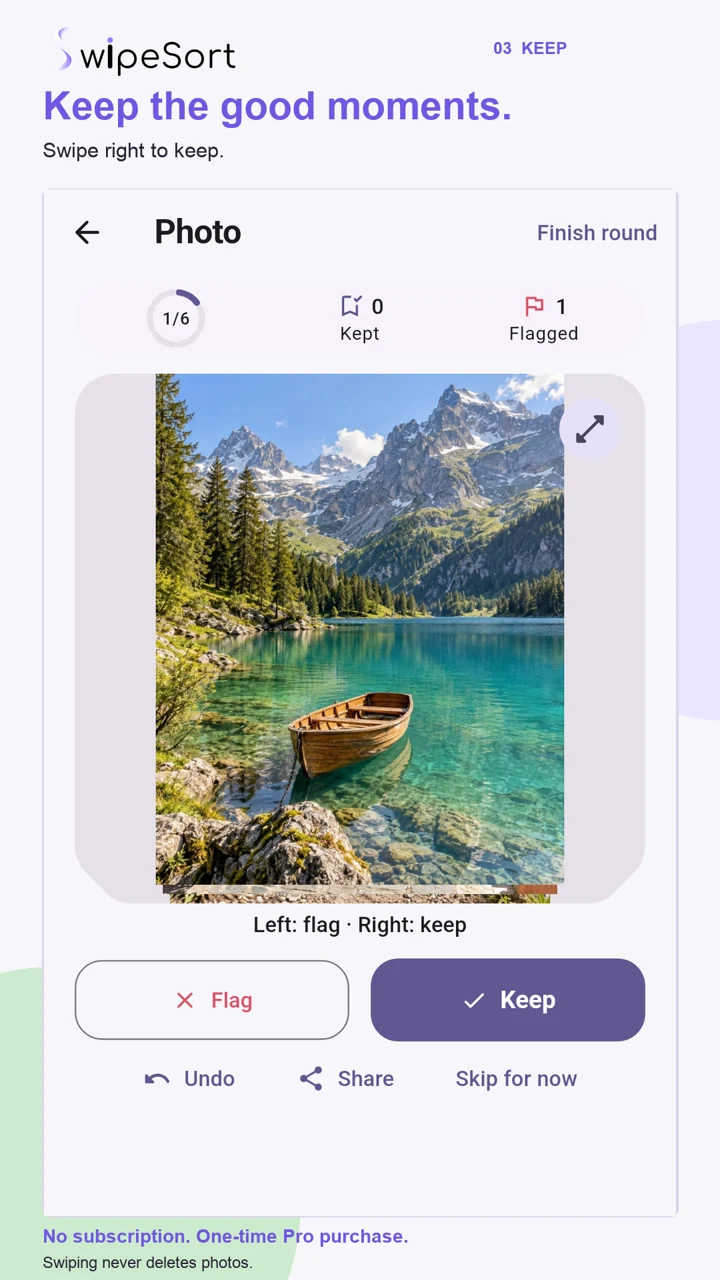 SwipeSort Android: Swipe review with a sample mountain lake photo and Keep, Flag, Undo and Share controls