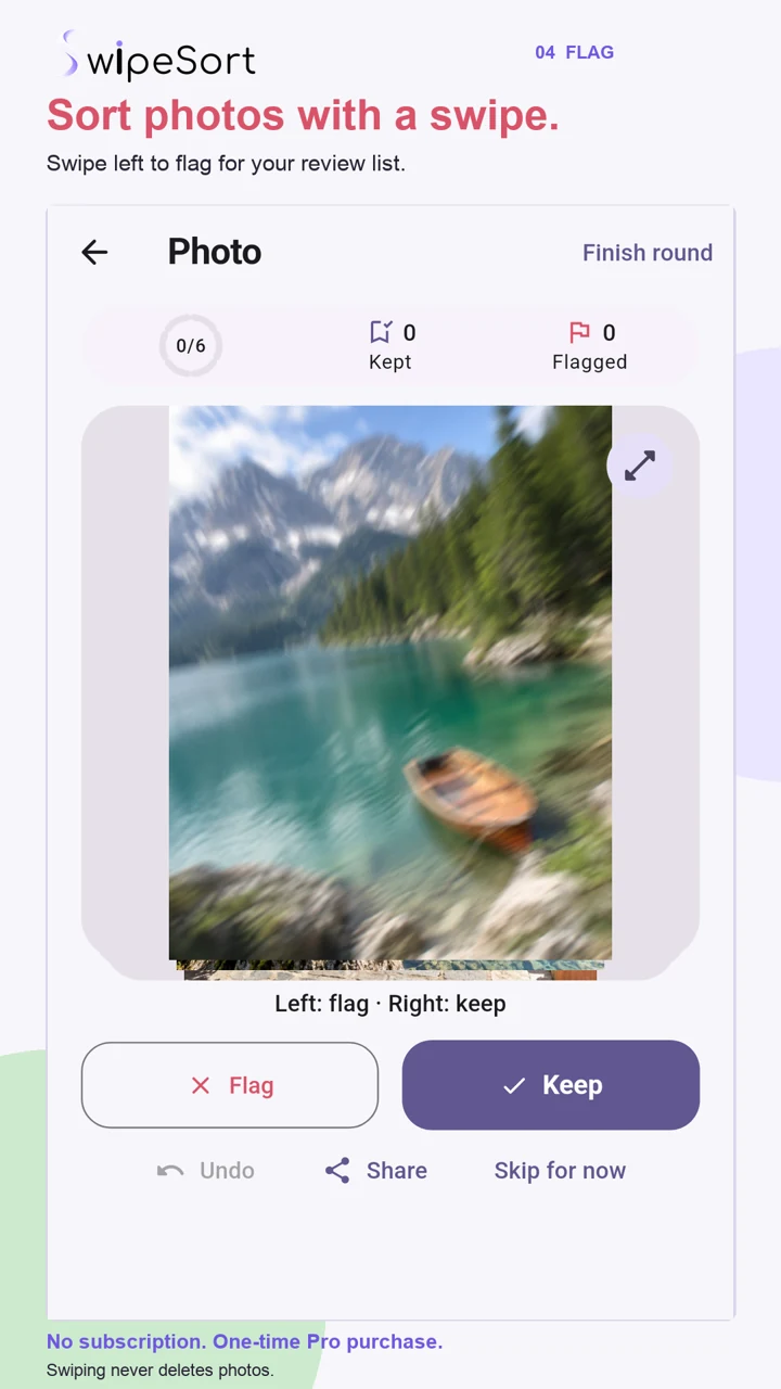 SwipeSort Android: a blurry sample lake photo with Flag and Keep controls