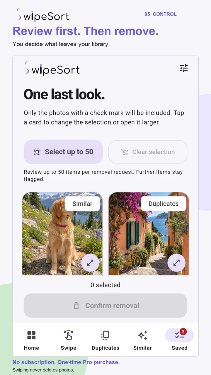 SwipeSort Android: Final review of flagged sample photos with zero selected