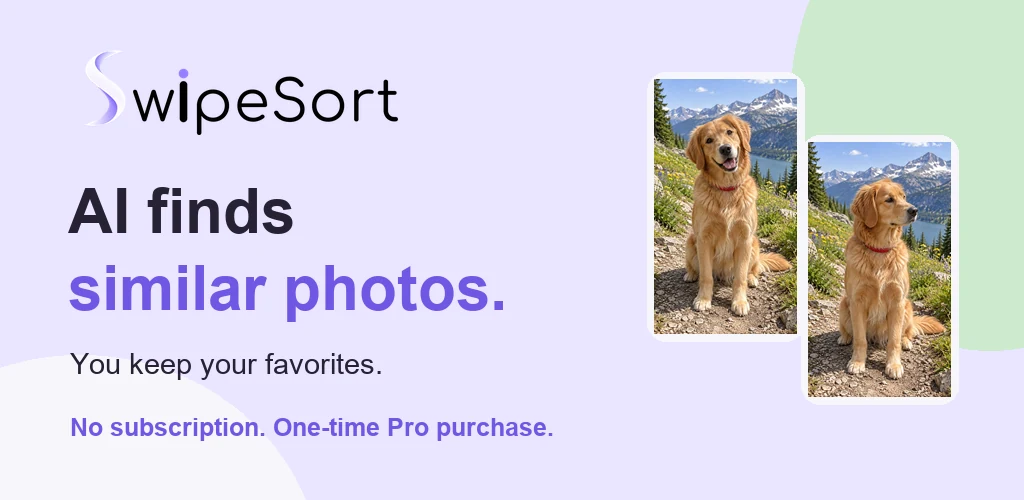 SwipeSort wordmark with two sample dog photos and the message AI finds similar photos; you keep your favorites