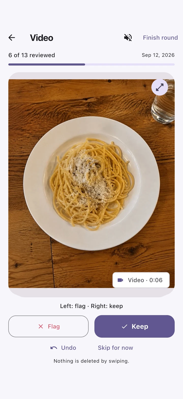 SwipeSort iPhone: Muted video review showing a plate of pasta