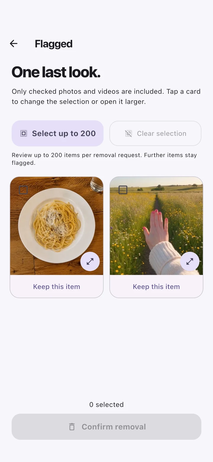 SwipeSort iPhone: Final review with no photos or videos selected