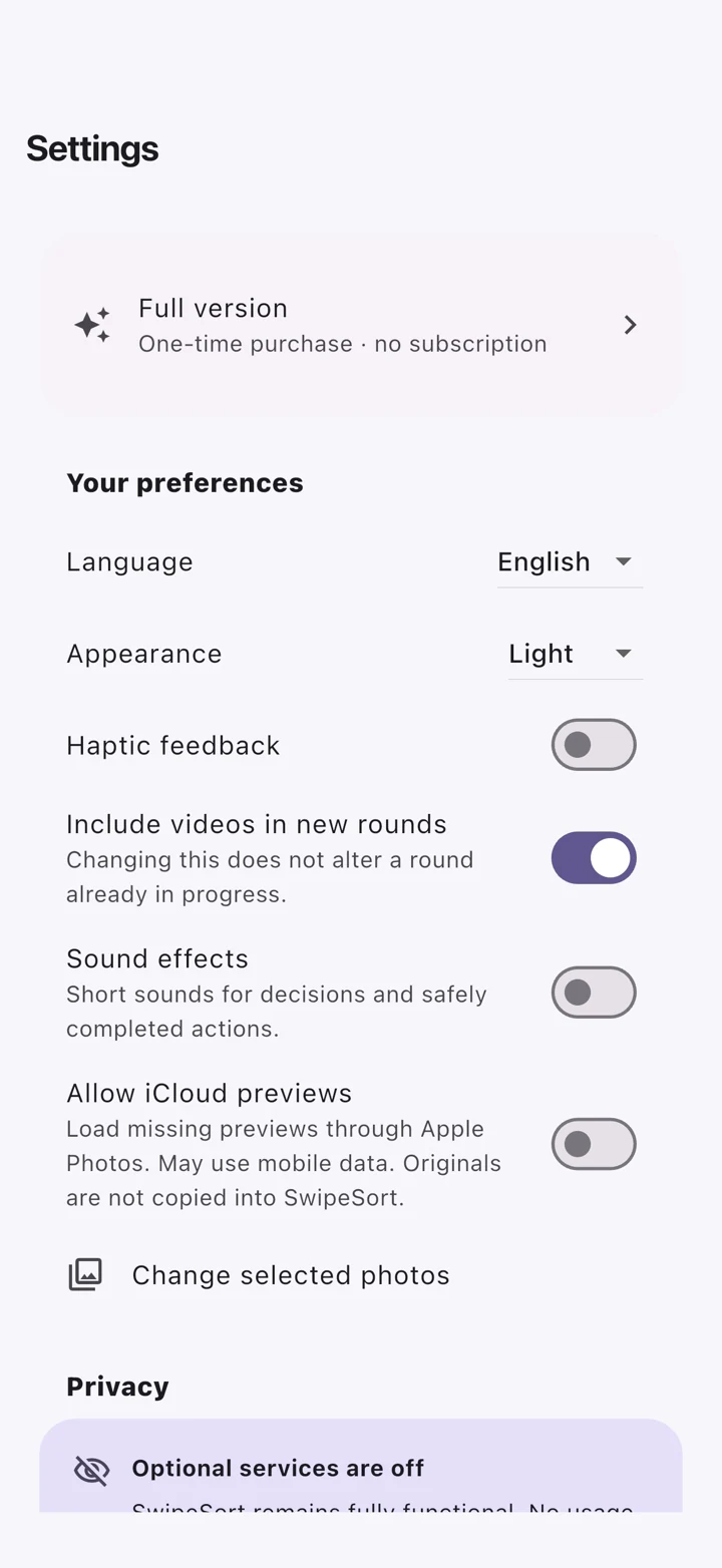 SwipeSort iPhone: settings for videos, cloud previews and optional privacy choices