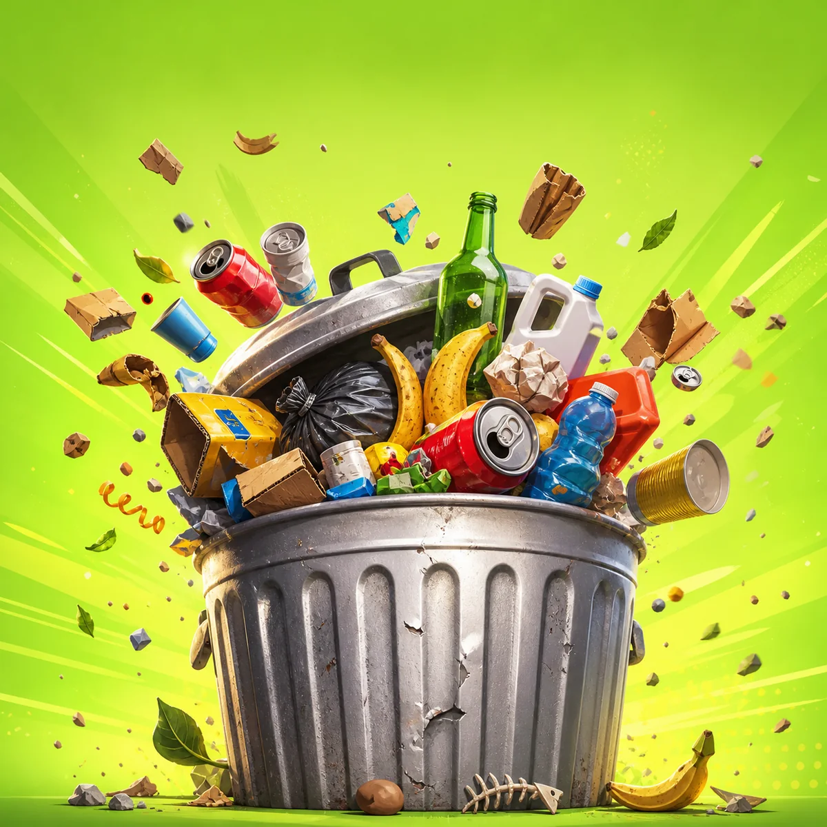 Trash Overflow artwork with a metal bin bursting with colourful rubbish